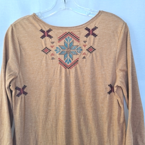 Johnny Was Mustard Western Aztec Tribal 3/4 Sleeve Embroidered Tunic Top szM - Picture 6 of 9